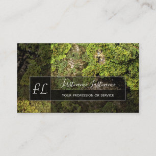 Green mossy tree surface grey rectangle monogram business card