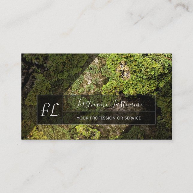 Green mossy tree surface grey triangle monogram business card (Front)