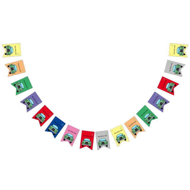 Green motor car with customizable text  bunting flags (All)