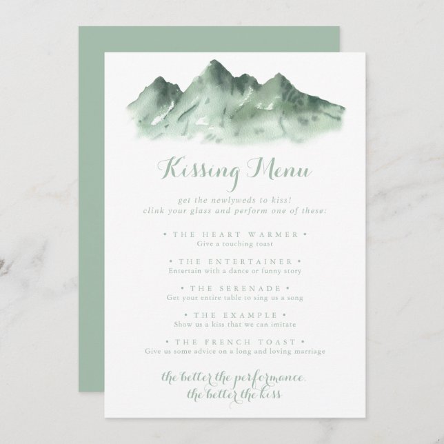 Green Mountain Mariage Kissing Menu Carte de jeu (Devant / Derrière)