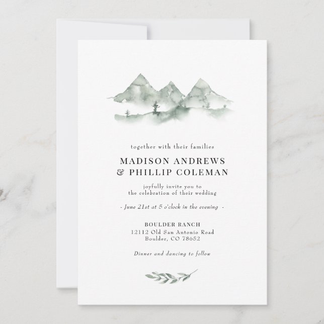 Green Mountain Watercolor Wedding Invitation (Front)