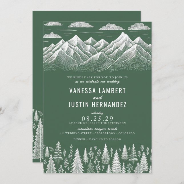 Green Mountain Wedding Invitation with QR Code (Front/Back)