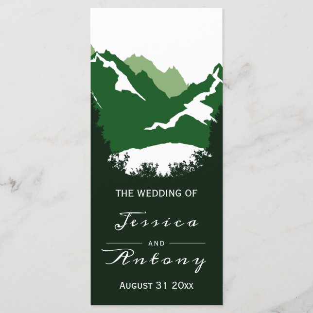 Green mountains and conifer trees wedding program (Front)