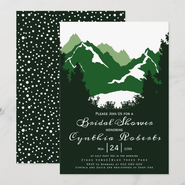 Green mountains and conifers wedding bridal shower invitation (Front/Back)