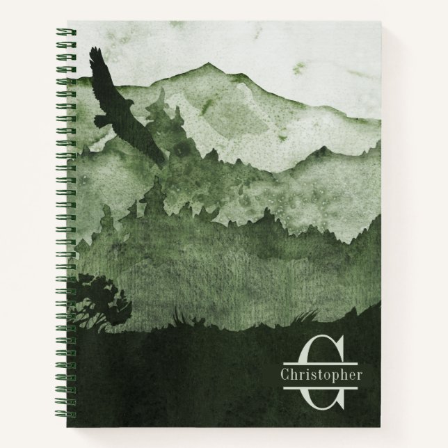 Green Mountains Eagle Masculine Monogram Inital Notebook (Front)