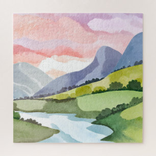 Green Mountainside Sunrise   Watercolor Jigsaw Puzzle