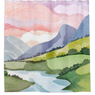 Green Mountainside Sunrise Watercolor Painting