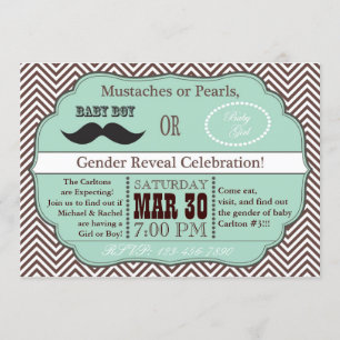 Green Moustaches or Pearls Gender Reveal Invites