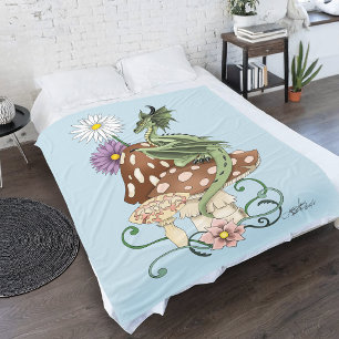 Green Mushroom Dragon Fantasy Flowers Fleece Blanket