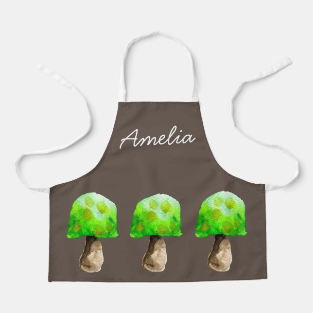 Green Mushroom watercolor cute fungi Apron (Front)