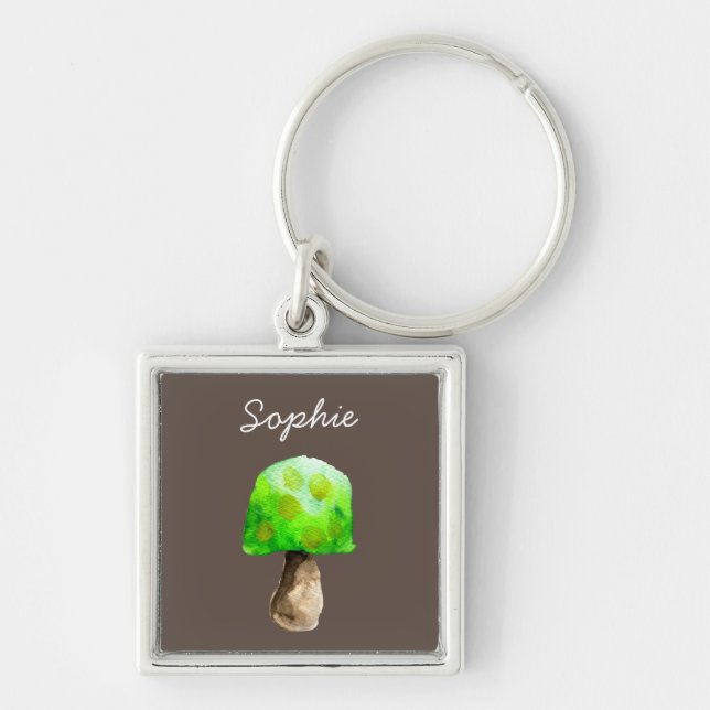 Green Mushroom watercolor cute fungi Keychain (Front)