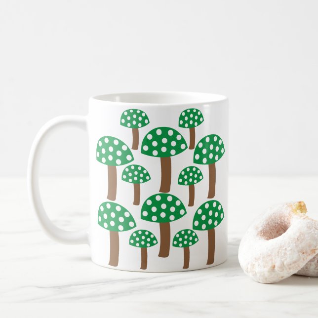Green Mushrooms Pattern Coffee Mug (With Donut)