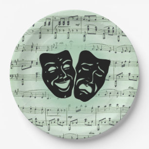 Green Music and Theater Greek Masks Paper Plate