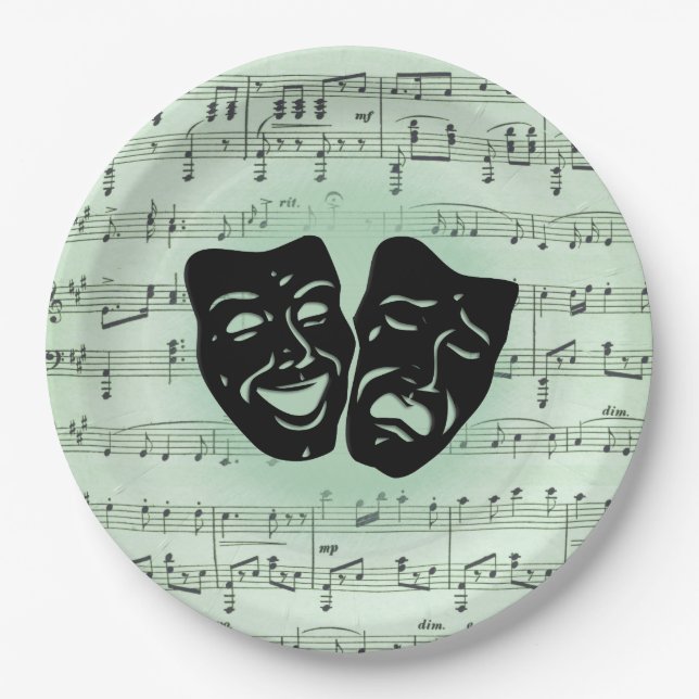 Green Music and Theatre Greek Masks Paper Plate (Front)
