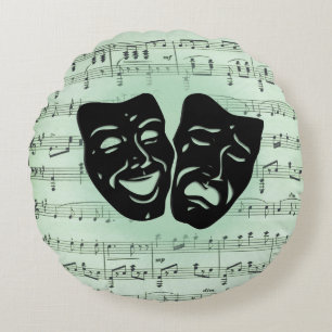 Green Music and Theatre Greek Masks Round Pillow