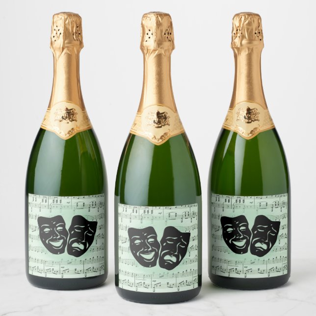 Green Music and Theatre Greek Masks Sparkling Wine Label (Bottles)