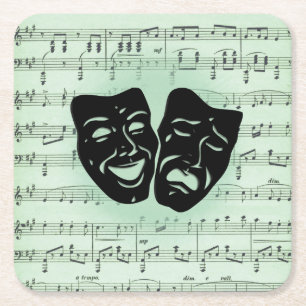 Green Music and Theatre Greek Masks Square Paper Coaster