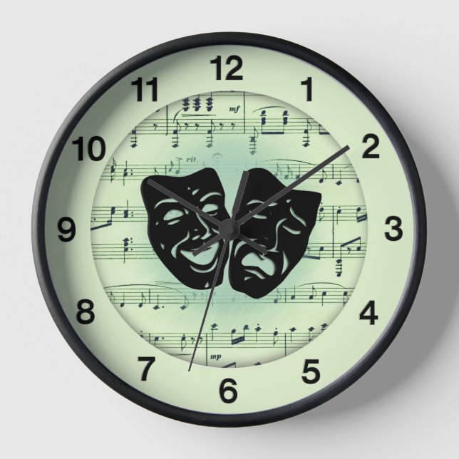Green Music and Theatre Masks Clock (Front)