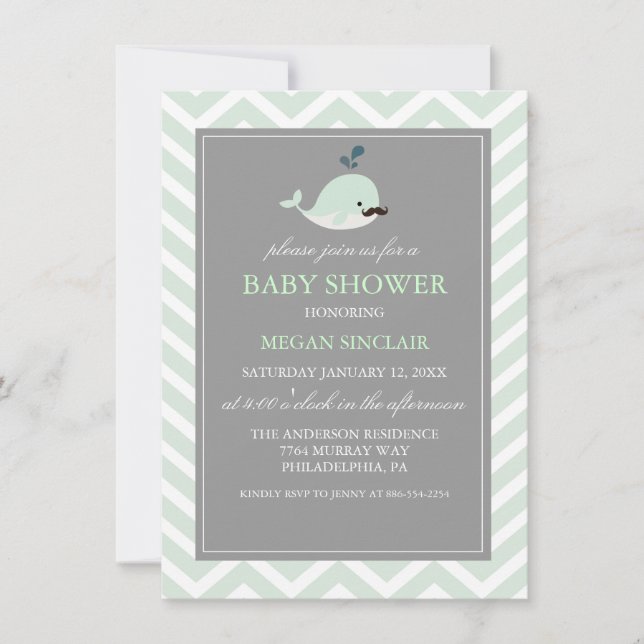 Green Mustache Whale Boy Baby shower Invitation (Devant)