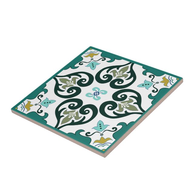 Green, mustard and white Azulejo  Tile (Side)