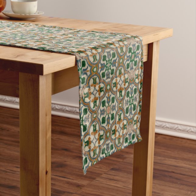 Green mustard floral Azulejos Geometric pattern Short Table Runner (In Situ)