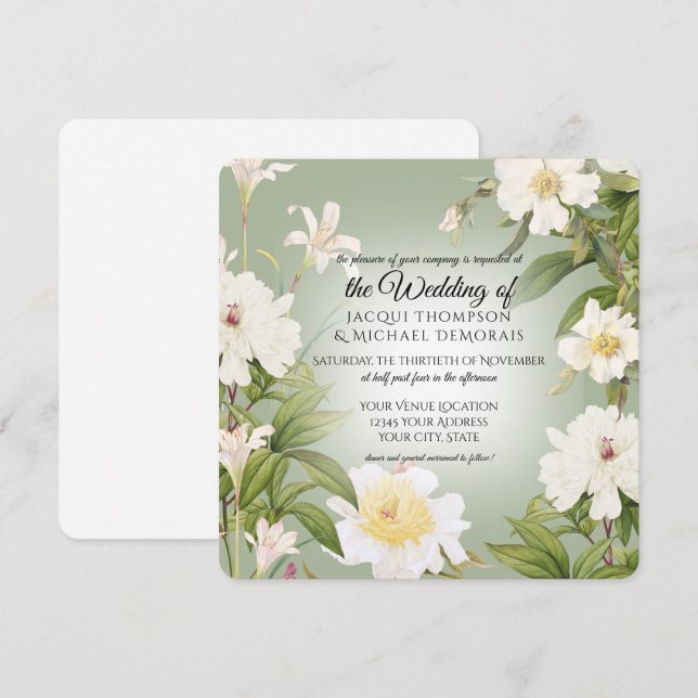 Green n White Rose Peony Botanical Floral Wedding Invitation (Front/Back)