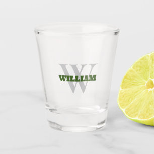 Green Name Superimposed Over Bold Initial Shot Glass