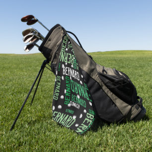 Green Names and Golf Balls all over Black Towel