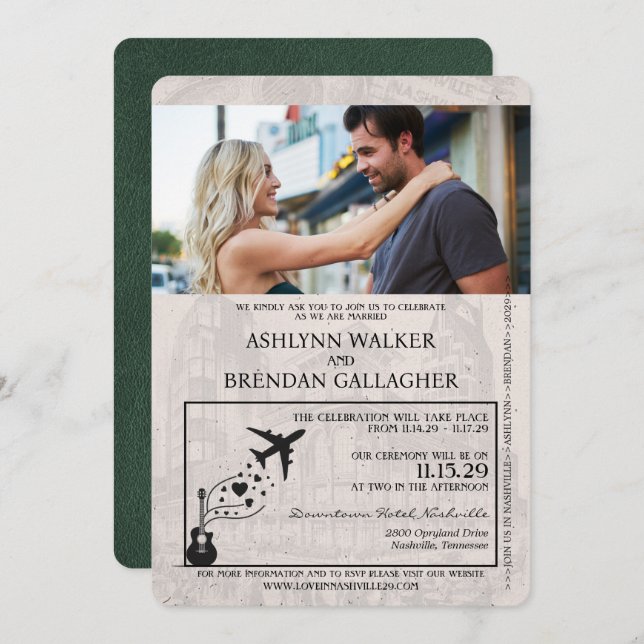 Green Nashville Passport Wedding Invitation (Front/Back)