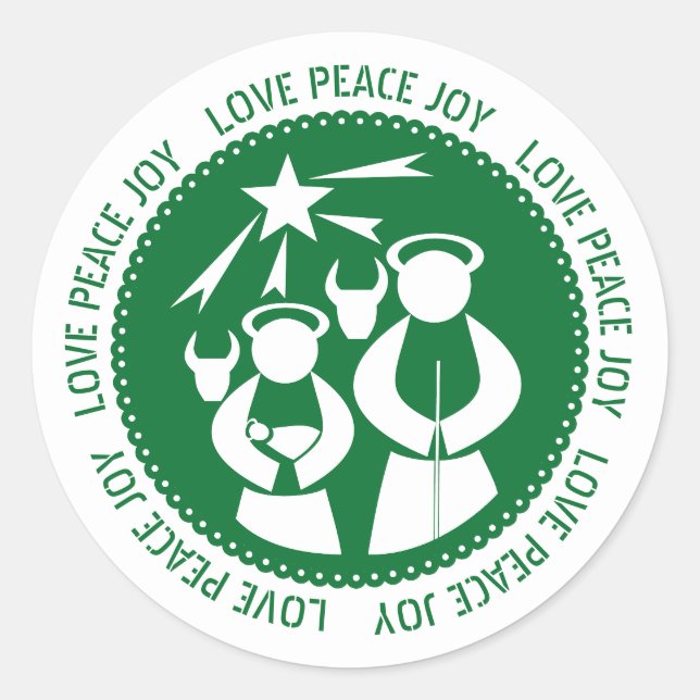 Green Nativity Scene Love, Peace, Joy Christmas Classic Round Sticker (Front)