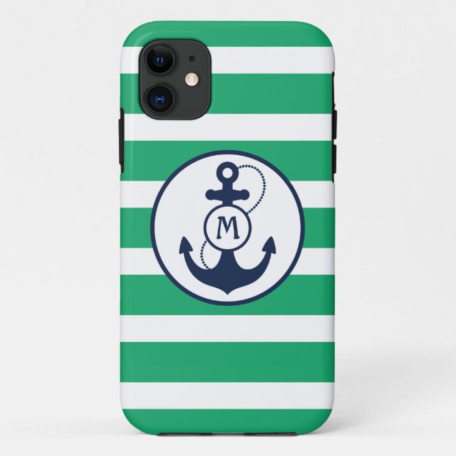 Green Nautical Anchor Monogram Case-Mate iPhone Case (Back)