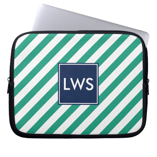 Green Nautical Stripes Monogram Laptop Sleeve (Front)
