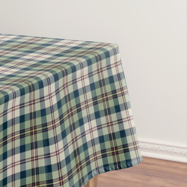 Green, Navy Blue and Cream Plaid Tablecloth (In Situ)