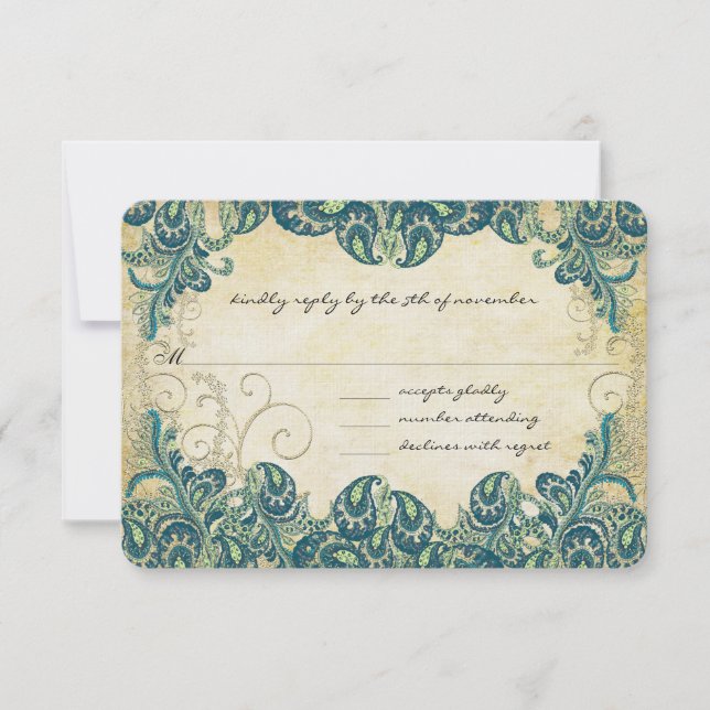 Green Navy Blue and Gold Peacock Wedding RSVP Card (Front)