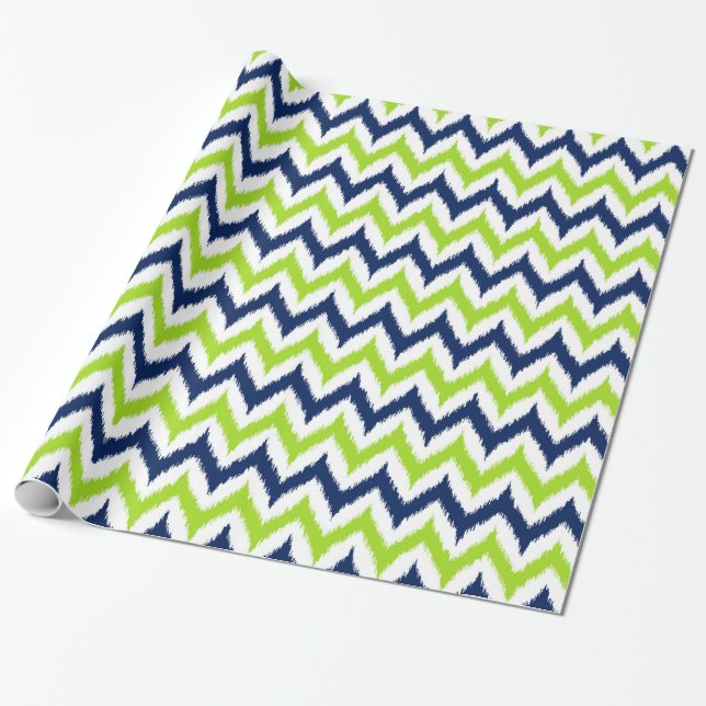 Green, Navy Blue and White Zigzag Ikat Pattern Wrapping Paper (Unrolled)