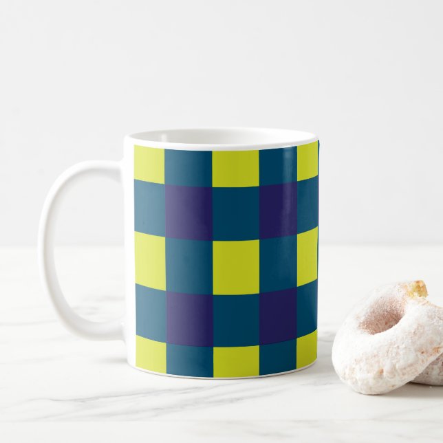 Green Navy Blue Chequerboard  Coffee Mug (With Donut)