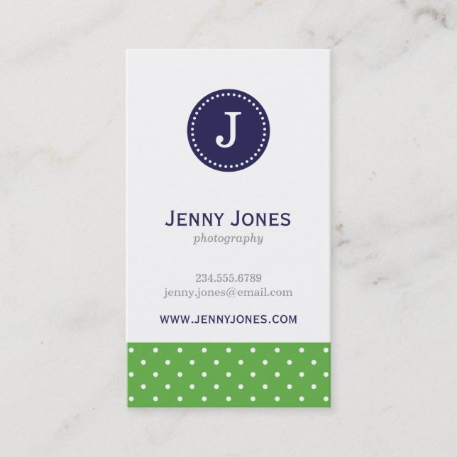 Green & Navy Blue Cute Polka Dots Monogram Business Card (Front)
