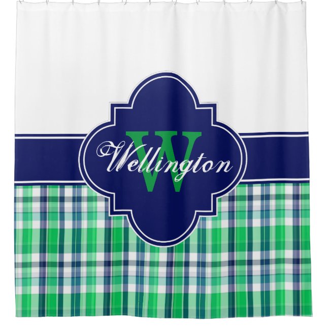 Green Navy Blue Wht Madras Plaid 1I CB Ribbon Name (Front)