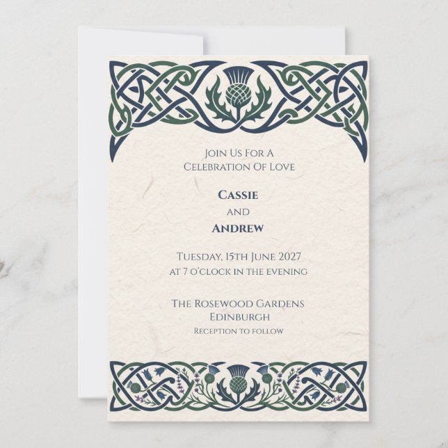 Green Navy Celtic Thistle Wedding Invitation (Front)