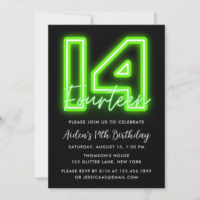 Green Neon 14th Birthday Invitation (Front)