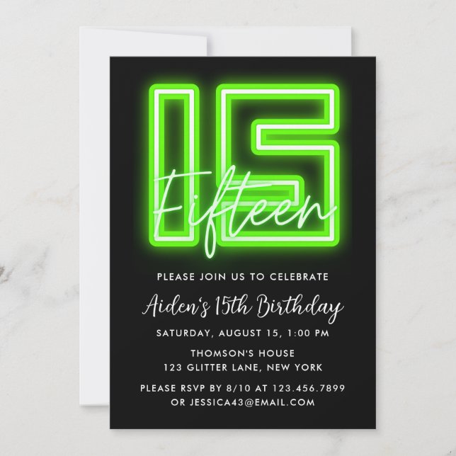 Green Neon 15e anniversaire Invitation (Devant)