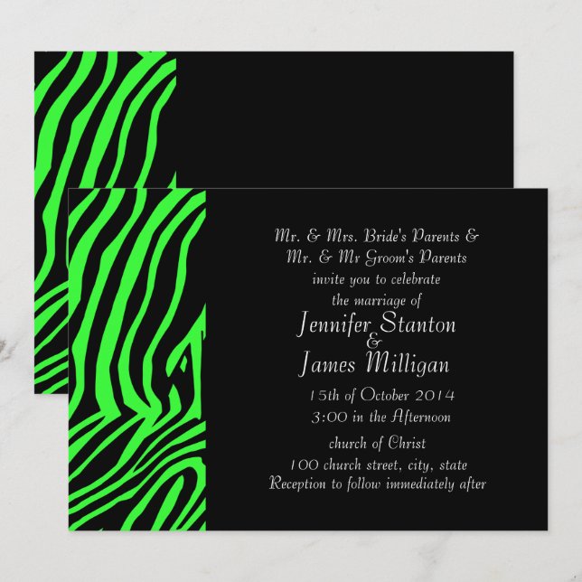 Green neon colour zebra pattern invitation (Front/Back)