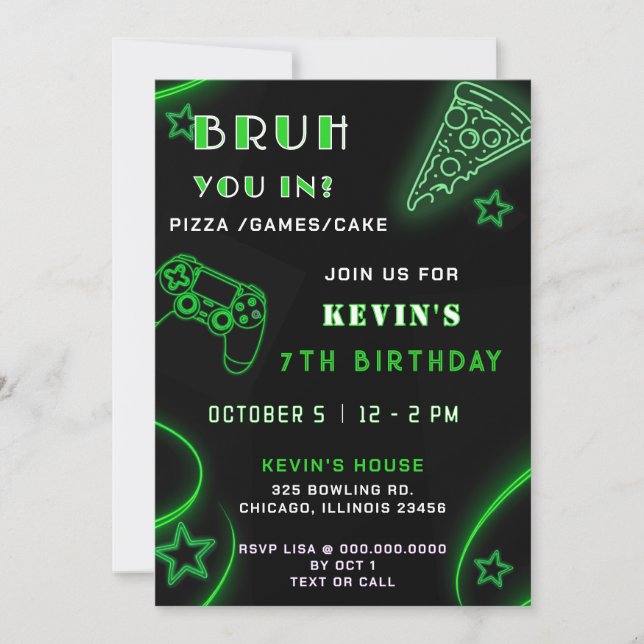 Green Neon Glow Pizza Games Bruh Birthday Invitation (Front)