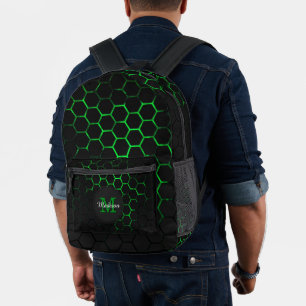Green neon honeycomb geometry Monogram Black  Printed Backpack