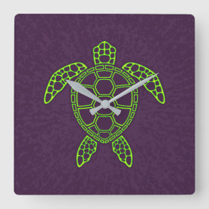 Green Neon Lava Sea Turtle Design Square Wall Clock