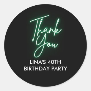 Green Neon Thank You Birthday Party Round Sticker