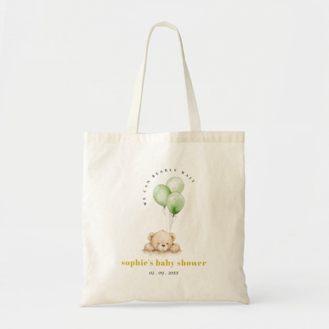 Green Neutral Bearly Wait Balloon Baby Shower Tote Bag (Front)