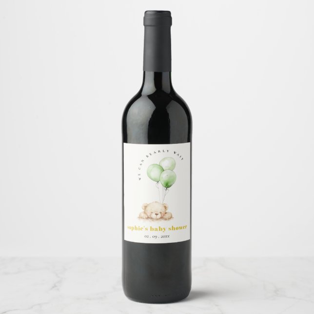 Green Neutral Bearly Wait Balloon Baby Shower Wine Label (Front)