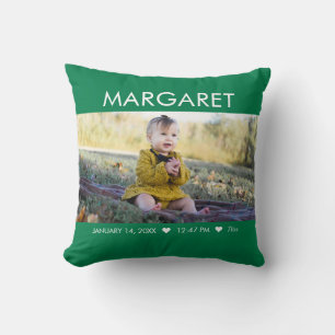 Green Newborn Baby Photo Keepsake Throw Pillow