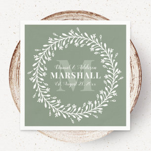 Green Newlywed Couple Wreath Monogram Name Napkin